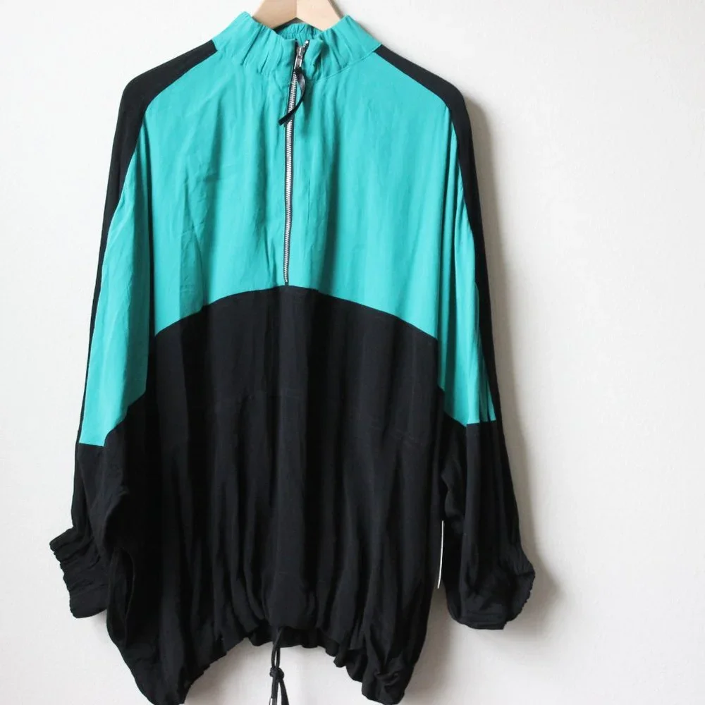 NWT Free People Oversized Color Block Teal Black 1/4 Zip Pullover Jacket - Picture 1 of 6